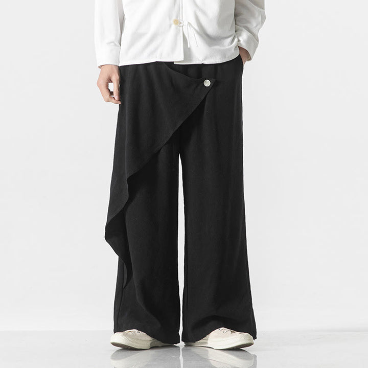 Buddha Stones Asymmetrical Patched Design Plain Men's Cotton Pants With Pockets - image 17