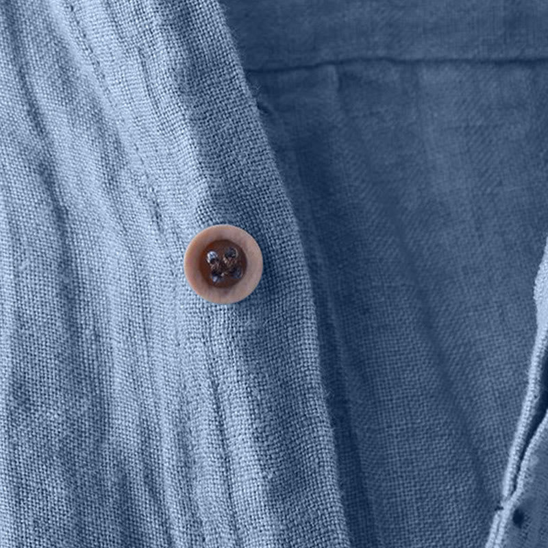 Buddha Stones Men's Shirt Solid Color Lapel Top Short Sleeve Comfy Button Crease Cotton Linen Shirt - image 17