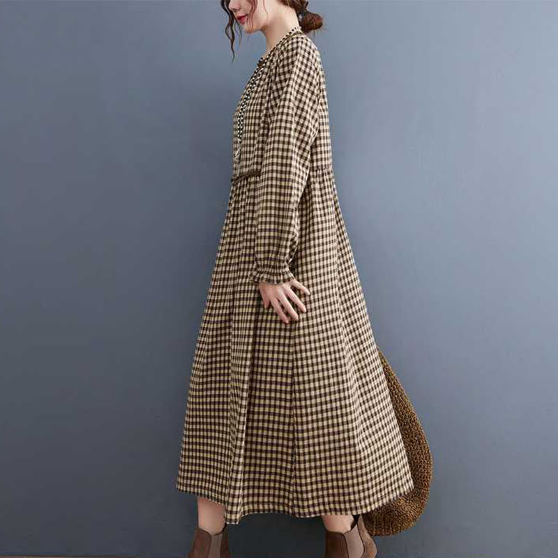 Buddha Stones Fall Plaid Pattern Ruffled Crew Neck Design Cotton Long Sleeve Midi Dress With Pockets - image 4
