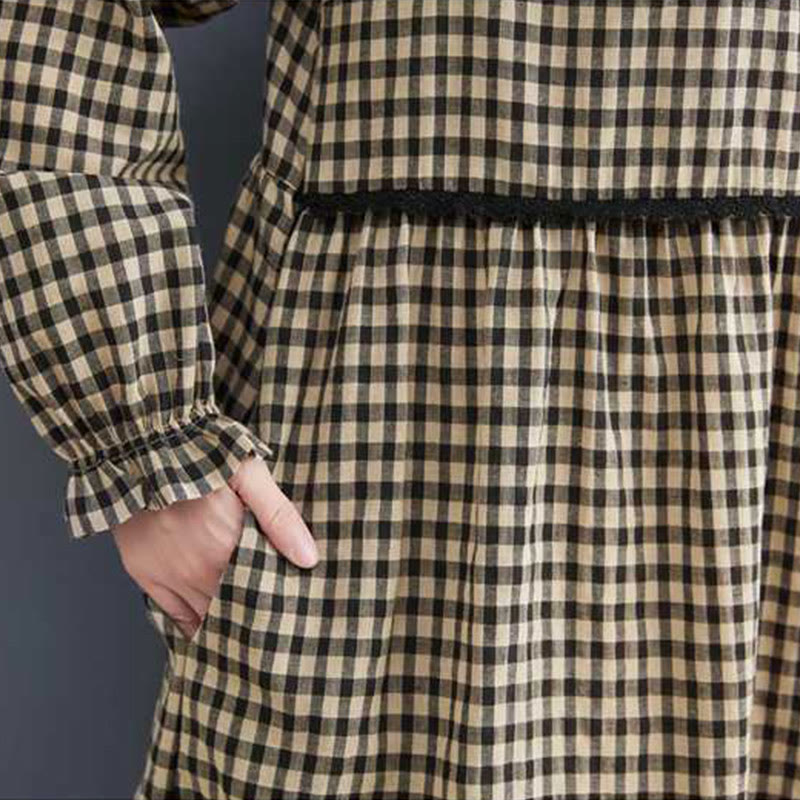 Buddha Stones Fall Plaid Pattern Ruffled Crew Neck Design Cotton Long Sleeve Midi Dress With Pockets - image 15
