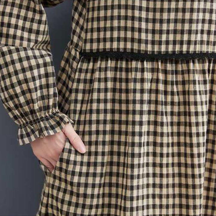 Buddha Stones Fall Plaid Pattern Ruffled Crew Neck Design Cotton Long Sleeve Midi Dress With Pockets - image 15
