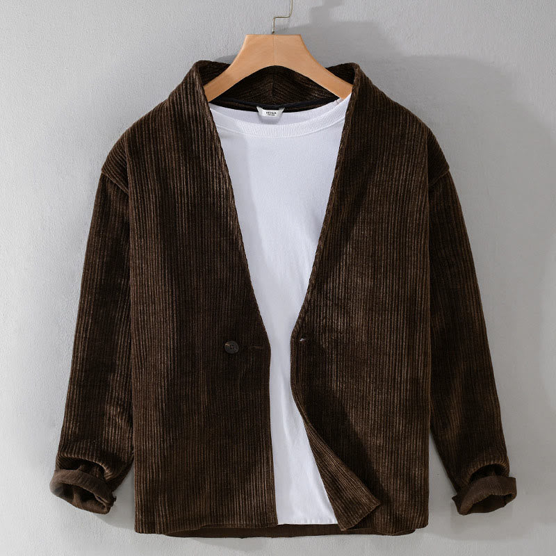Buddha Stones Commute V-neck Simple Ribbed Texture Design Long Sleeve Men's Jacket - image 8
