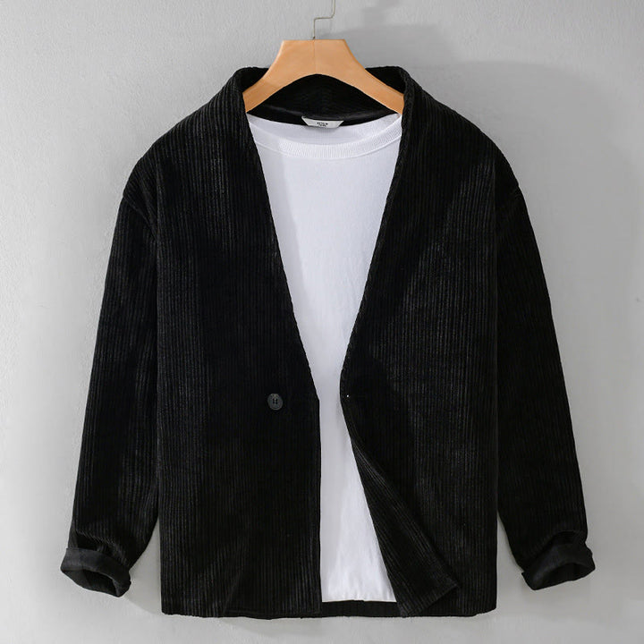 Buddha Stones Commute V-neck Simple Ribbed Texture Design Long Sleeve Men's Jacket - image 14