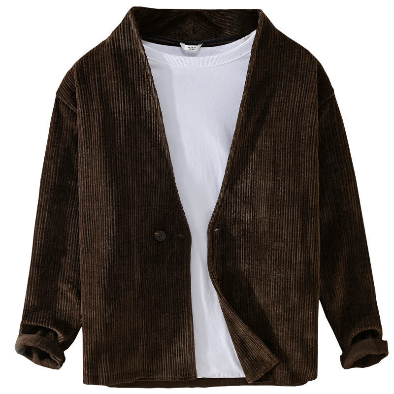 Buddha Stones Commute V-neck Simple Ribbed Texture Design Long Sleeve Men's Jacket - image 12