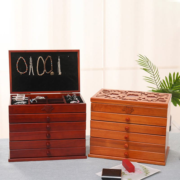 Buddha Stones Large Capacity Vintage Flowers Carved Wooden Jewelry Box Six-Layer Jewelry Storage Box - image 4