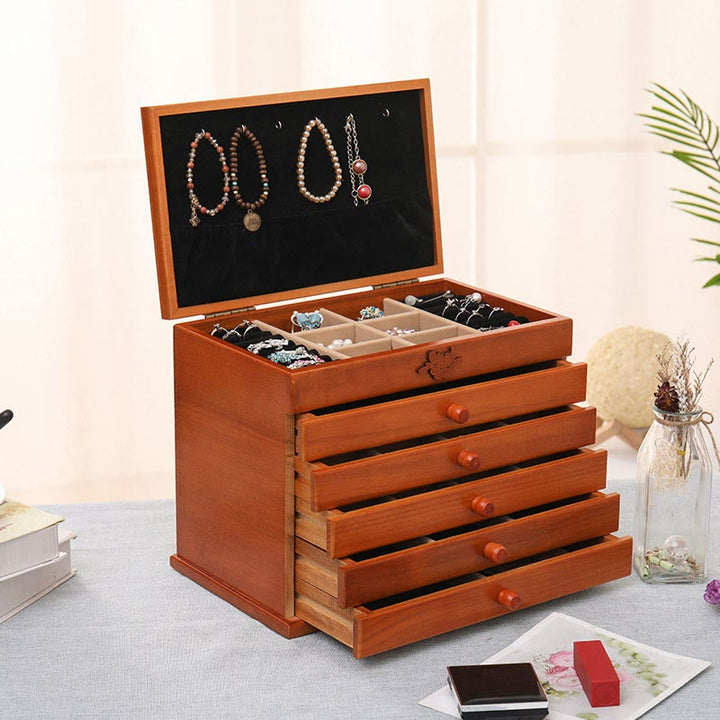 Buddha Stones Large Capacity Vintage Flowers Carved Wooden Jewelry Box Six-Layer Jewelry Storage Box - Cherry Wood Color 32*20.6*24.7cm - image 8
