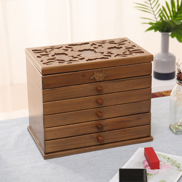 Buddha Stones Large Capacity Vintage Flowers Carved Wooden Jewelry Box Six-Layer Jewelry Storage Box - image 6