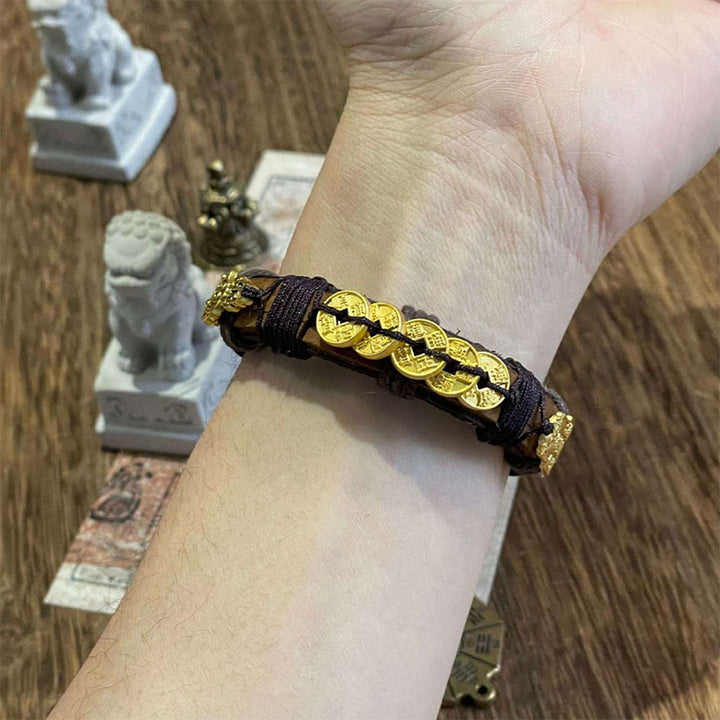 Buddha Stones Five-emperor Coins Pi Xiu Wealth Leather Rope Bracelet  - image 4