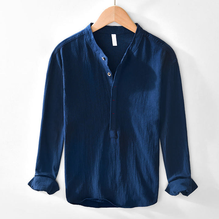 Buddha Stones Spring Fall Solid Long Sleeve Half Button Cotton Men's Shirts - Navy - US/UK/AU44，EU54 (4XL) - image 3