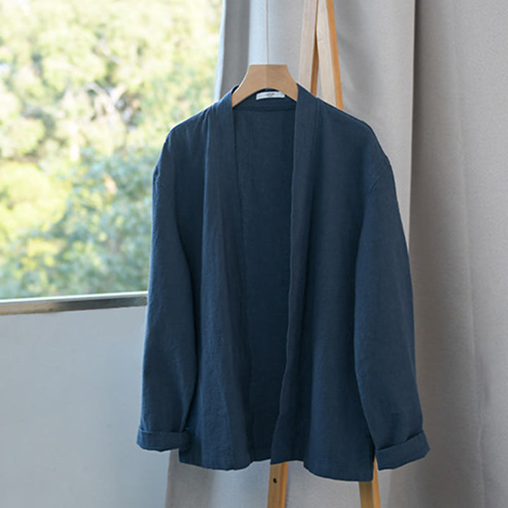 Buddha Stones Simple Long Sleeve Open Front Ramie Cotton Men's Shirts With Pockets - image 19