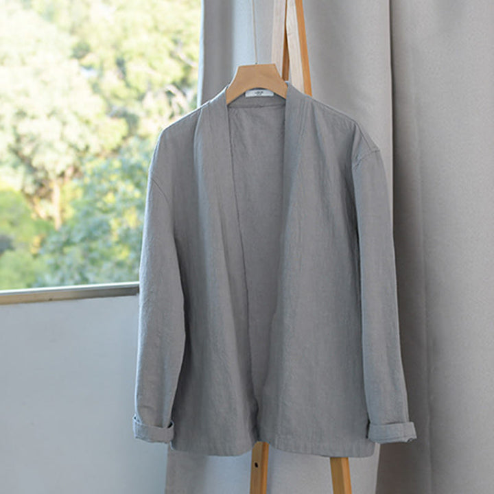 Buddha Stones Simple Long Sleeve Open Front Ramie Cotton Men's Shirts With Pockets - image 3