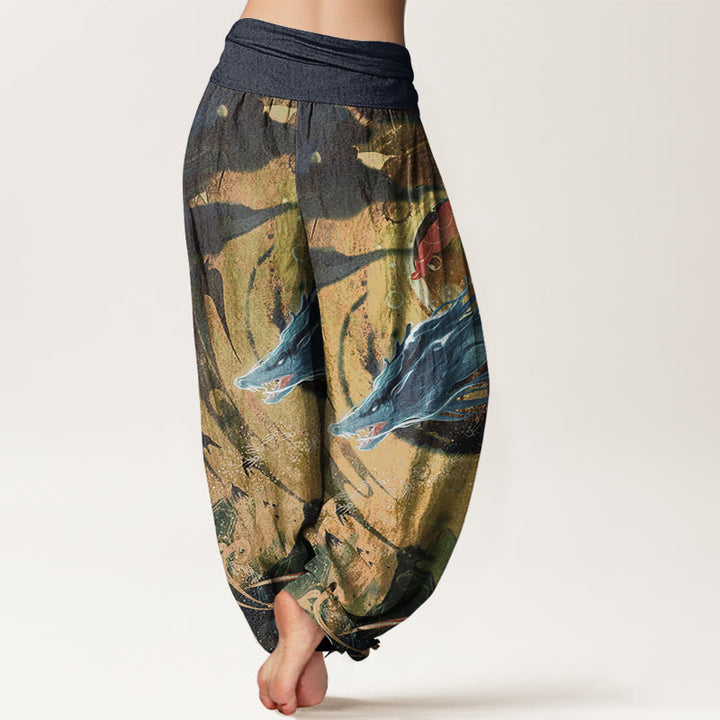 Buddha Stones Pure Cotton Dragon Auspicious Clouds Pattern Women's Elastic Waist Harem Pants - image 9