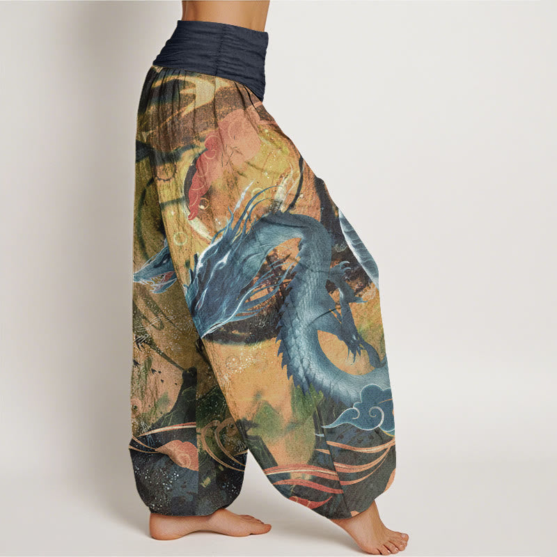 Buddha Stones Pure Cotton Dragon Auspicious Clouds Pattern Women's Elastic Waist Harem Pants - image 10