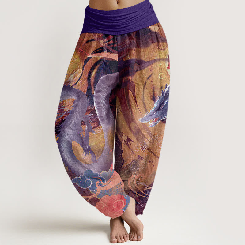 Buddha Stones Pure Cotton Dragon Auspicious Clouds Pattern Women's Elastic Waist Harem Pants - Purple - US22，UK/AU26，EU54 (6XL) - image 5