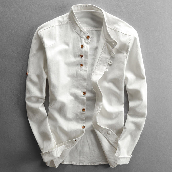 Buddha Stones Men's Slim Fit Design Stand Collar Crew Neck Long Sleeve Cotton Linen Shirt - White - US/UK/AU48，EU58 (7XL) - image 3