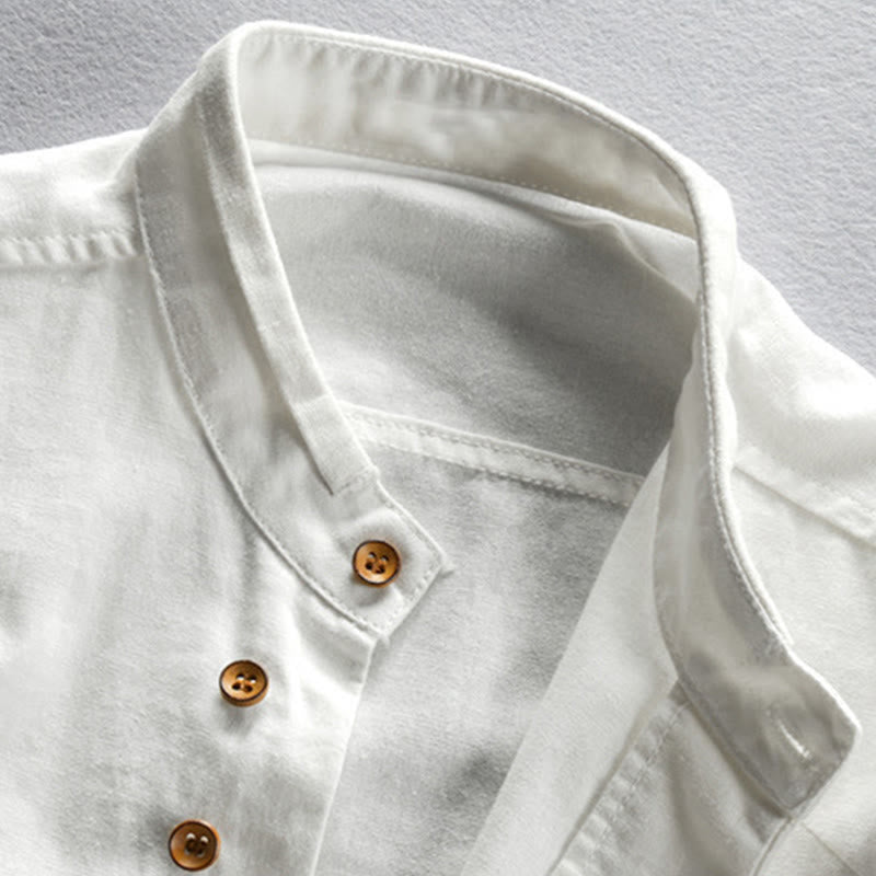 Buddha Stones Slim Fit Design Stand Collar Crew Neck Cotton Linen Men's Long Sleeve Shirt - image 4