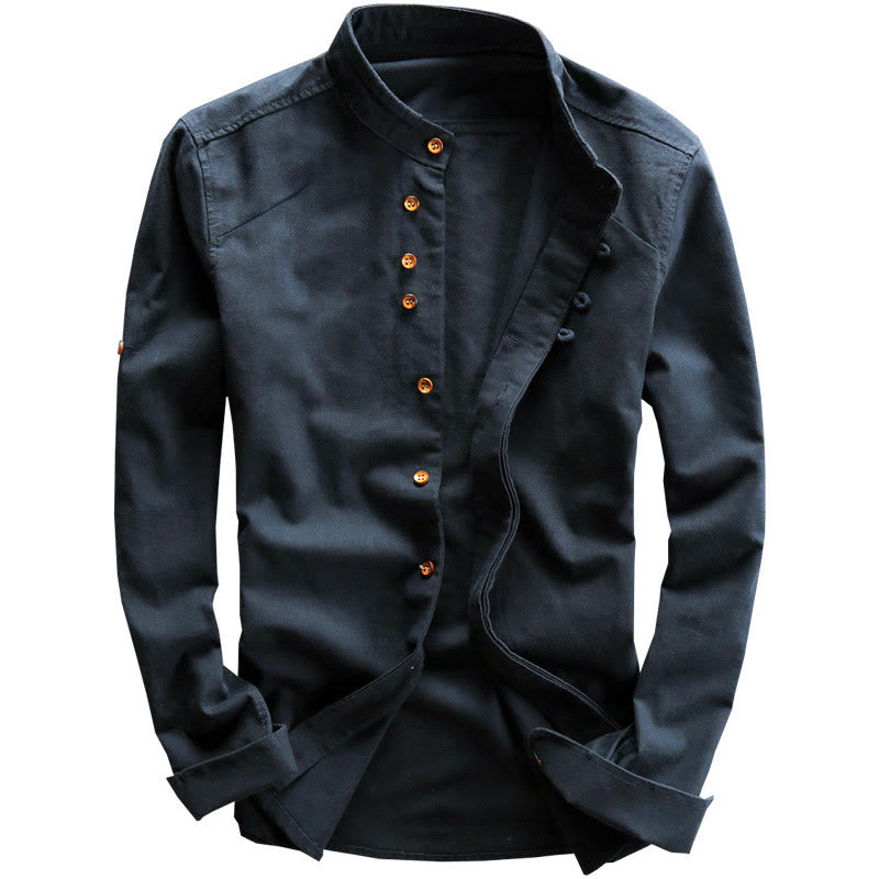 Buddha Stones Men's Slim Fit Design Stand Collar Crew Neck Long Sleeve Cotton Linen Shirt - image 2