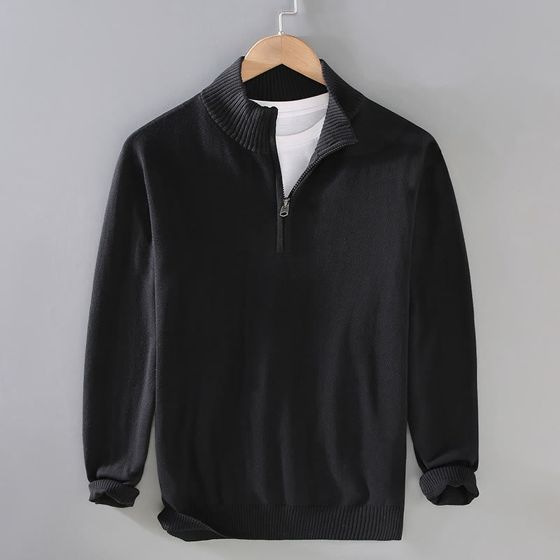 Buddha Stones Ribbed Solid Color Hem Design Men's Mock Neck Long Sleeve Pure Cotton Sweater - Black - US/UK/AU42，EU52 (3XL) - image 1