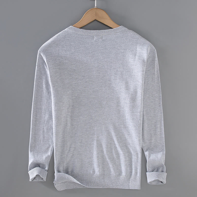 Buddha Stones Solid Color V-Neck Cotton Simple Design Men's Long Sleeve Sweater - image 1