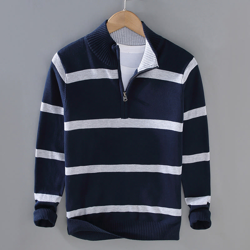 Buddha Stones Color Contrast Striped Half Zipper Design Cotton Men's Long Sleeve Sweater - MidnightBlue LightGrey Stripe - US/UK/AU42，EU52 (3XL) - image 11