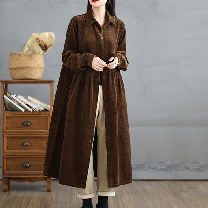 Buddha Stones Plain Buttons Long Sleeve Women's Cotton Corduroy Coat With Pockets - image 2