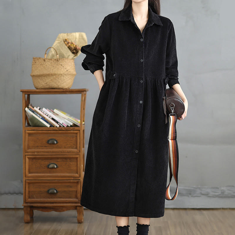 Buddha Stones Plain Buttons Long Sleeve Women's Cotton Corduroy Coat With Pockets - image 11