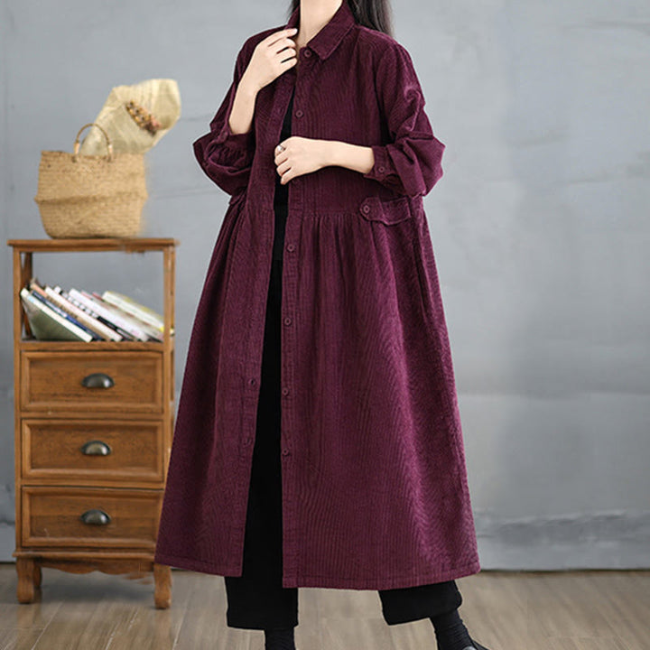 Buddha Stones Plain Buttons Long Sleeve Women's Cotton Corduroy Coat With Pockets - image 21