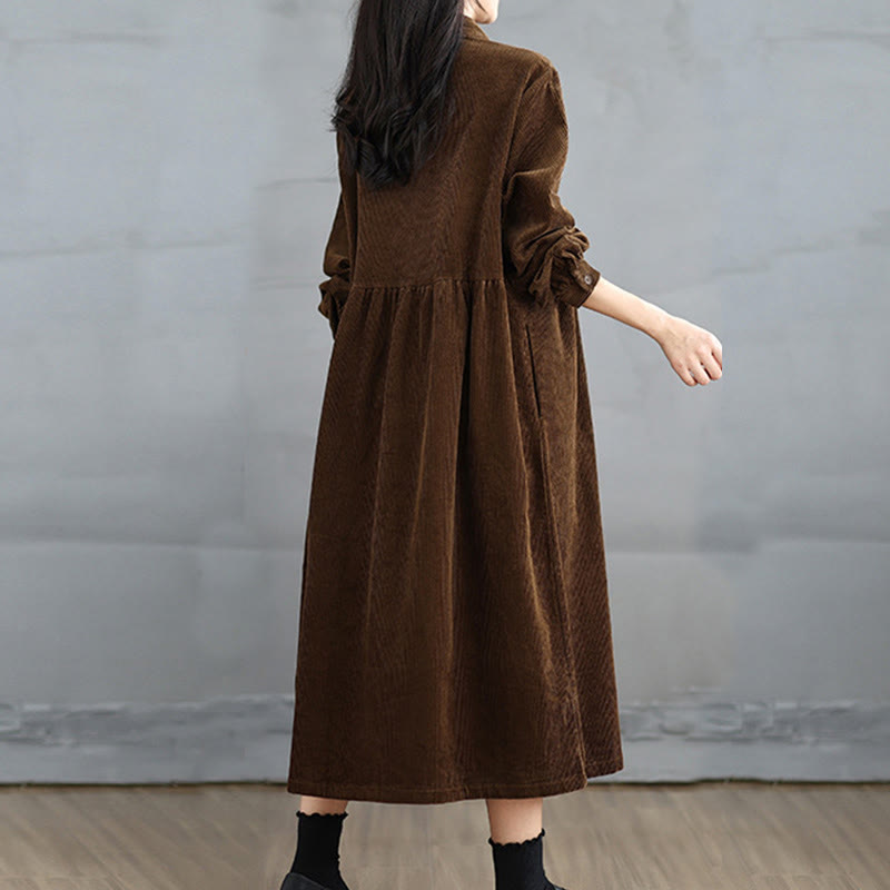 Buddha Stones Plain Buttons Long Sleeve Women's Cotton Corduroy Coat With Pockets - image 4