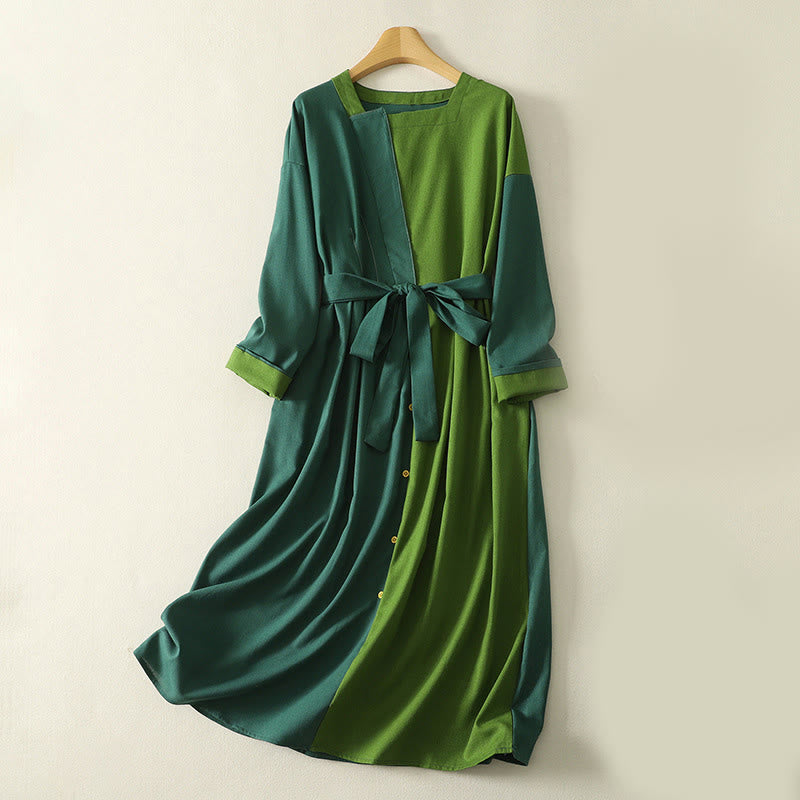 Buddha Stones Patched Color Block Desgin Women's Long Sleeve Midi Dress With Pockets - DarkGreen - US8-10，UK/AU12-14，EU40-42 (2XL) - image 0