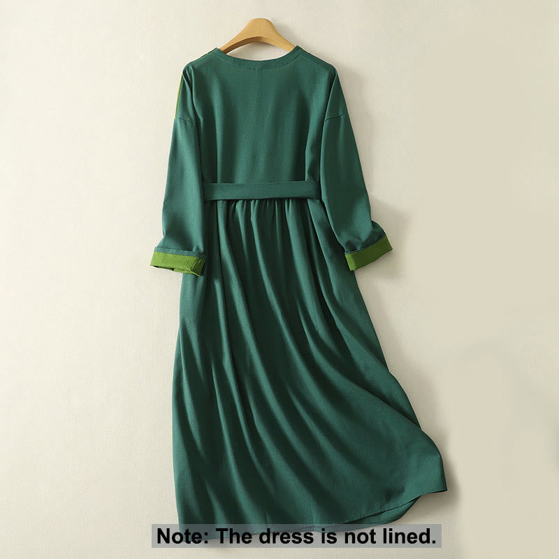 Buddha Stones Patched Color Block Desgin Women's Long Sleeve Midi Dress With Pockets - image 1