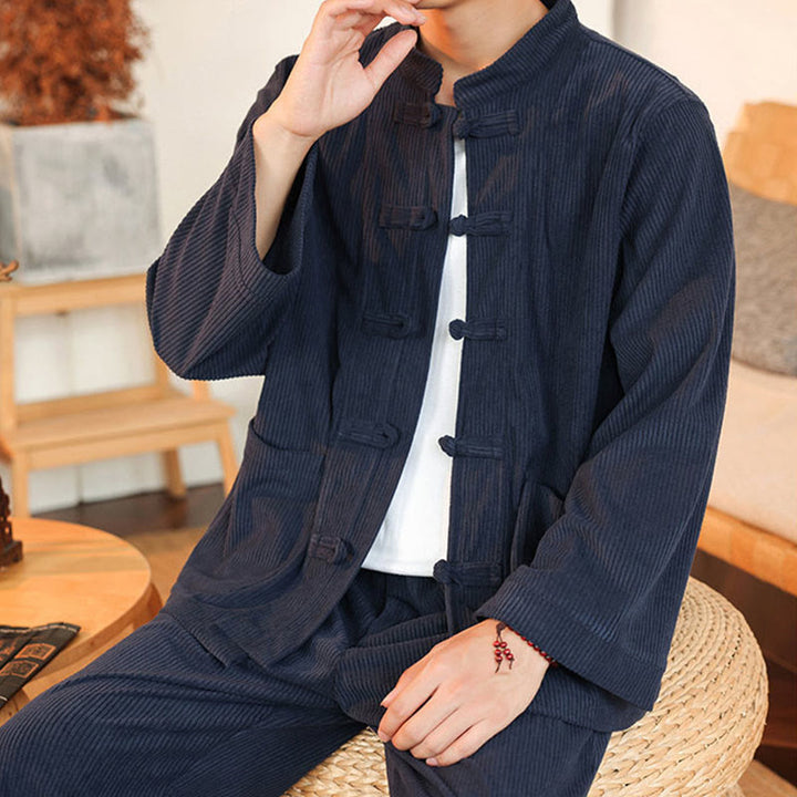 Buddha Stones 2pcs Plain Men's Frog-button Long Sleeve Shirt Pants Cotton Corduroy Set With Pockets - image 36