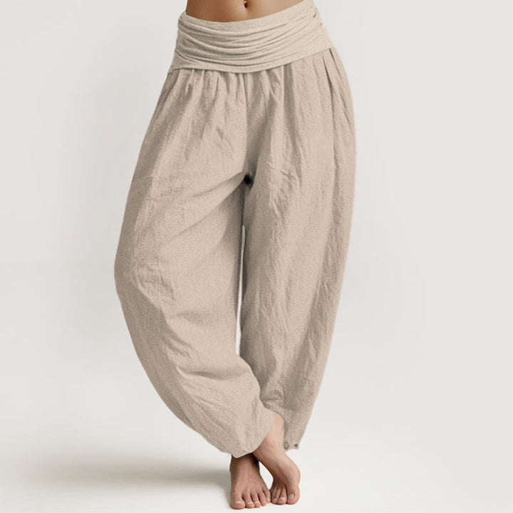 Buddha Stones Solid Tan Color Women's Elastic Waist Harem Pure Cotton Pants - Tan - US16，UK/AU20，EU48 (3XL) - image 0