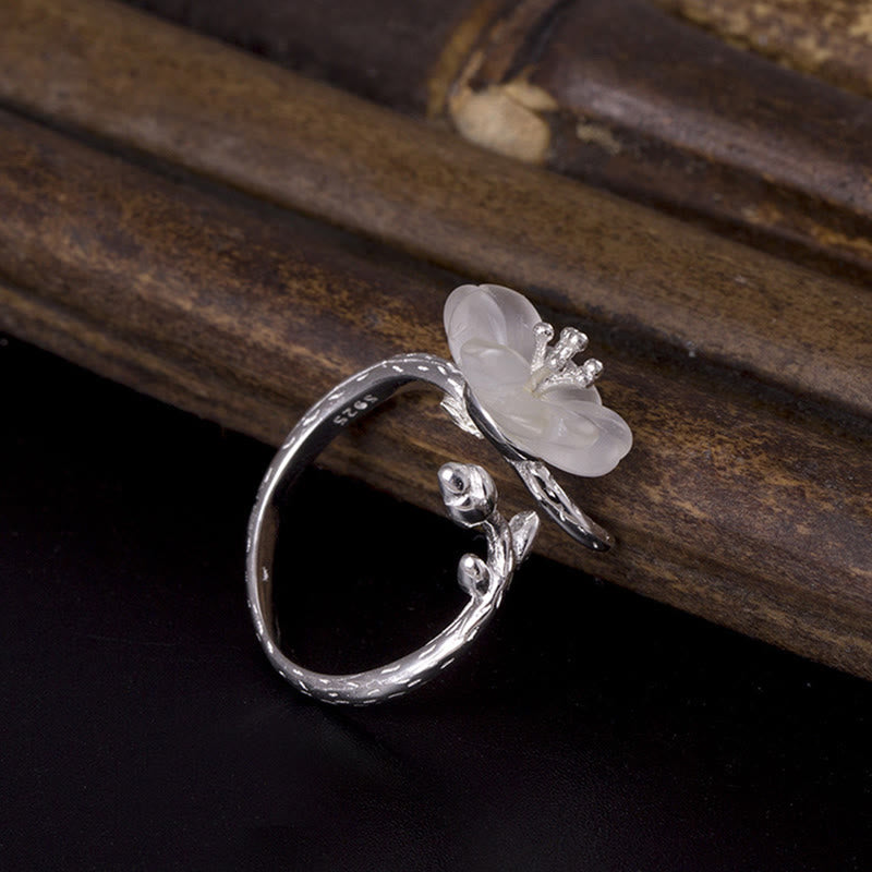 Buddha Stones Natural White Crystal Flower 925 Sterling Silver Adjustable Healing Ring - image 2