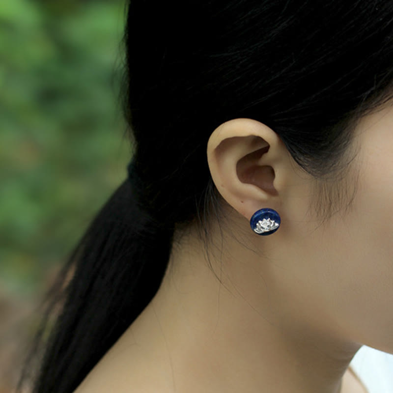 Buddha Stones Lazurite Lapis Lazuli 925 Sterling Silver Lotus Pattern Enlightenment Earrings - image 11