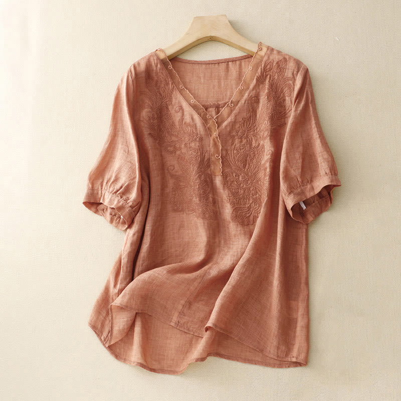 Buddha Stones V-Neck Butterfly Women's Half Sleeve Shirt - SandyBrown - US14，UK/AU18，EU46 (2XL) - image 0