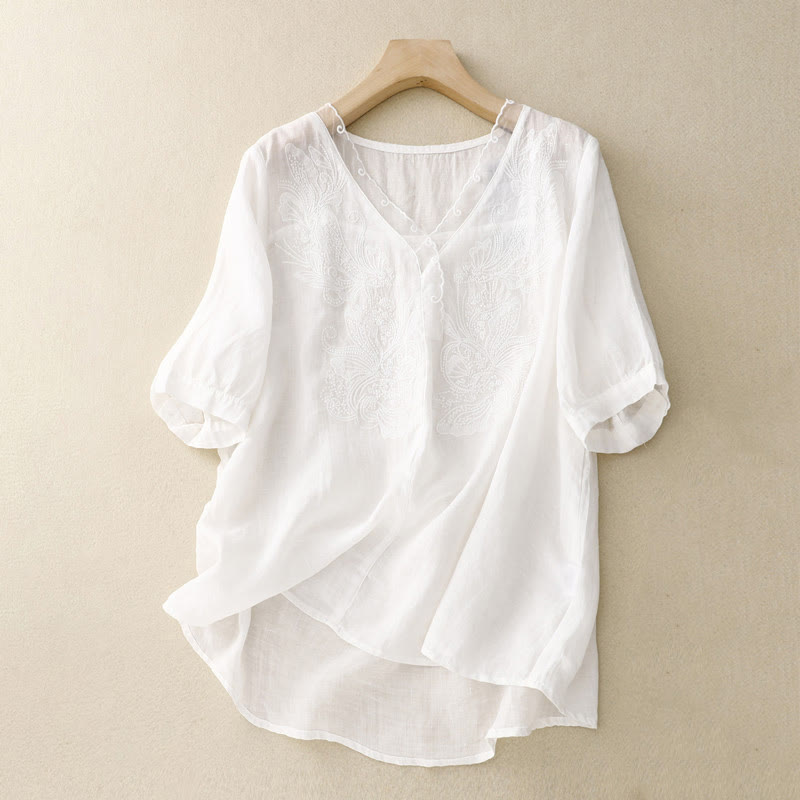 Buddha Stones V-Neck Butterfly Women's Half Sleeve Shirt - White - US14，UK/AU18，EU46 (2XL) - image 8