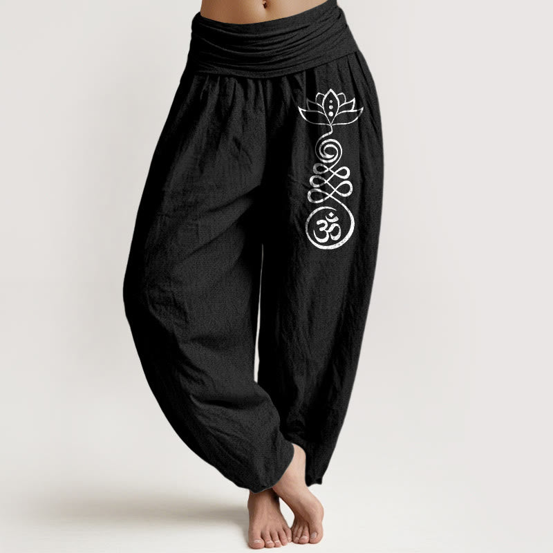 Buddha Stones Plain Lotus Om Pattern Women's Elastic Waist Harem Cotton Pants - Black - US22，UK/AU26，EU54 (6XL) - image 5