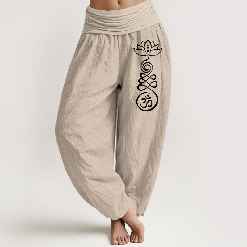 Buddha Stones Plain Lotus Om Pattern Women's Elastic Waist Harem Cotton Pants - Tan - US22，UK/AU26，EU54 (6XL) - image 14