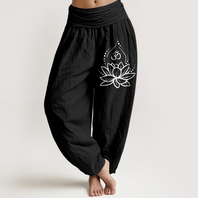 Buddha Stones Blooming Lotus Om Symbol Pattern Women's Elastic Waist Harem Cotton Pants - Black - US22，UK/AU26，EU54 (6XL) - image 5
