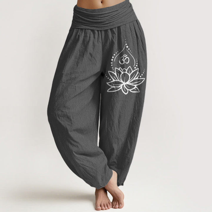 Buddha Stones Blooming Lotus Om Symbol Pattern Women's Elastic Waist Harem Cotton Pants - DimGray - US22，UK/AU26，EU54 (6XL) - image 8