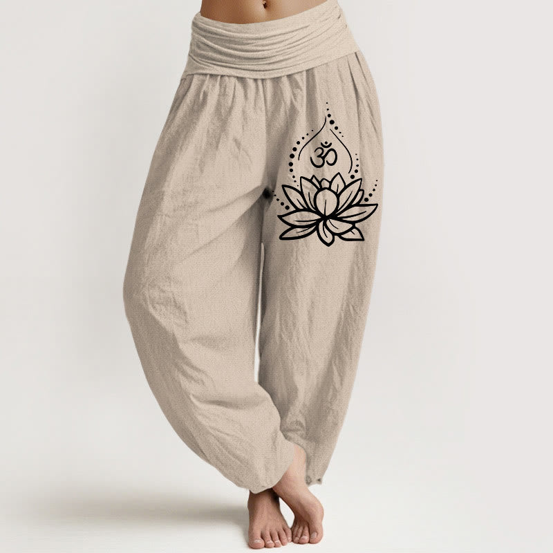 Buddha Stones Blooming Lotus Om Symbol Pattern Women's Elastic Waist Harem Cotton Pants - Tan - US22，UK/AU26，EU54 (6XL) - image 11