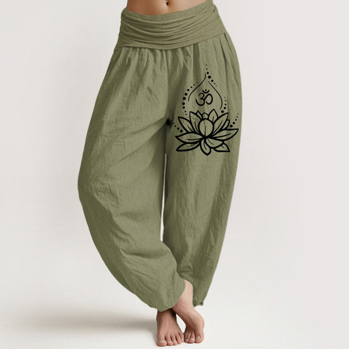 Buddha Stones Blooming Lotus Om Symbol Pattern Women's Elastic Waist Harem Cotton Pants - OliveDrab - US22，UK/AU26，EU54 (6XL) - image 14