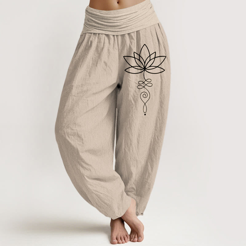 Buddha Stones Lotus Unalome Symbol Pattern Women's Elastic Waist Harem Pure Cotton Pants - Tan - US22，UK/AU26，EU54 (6XL) - image 0