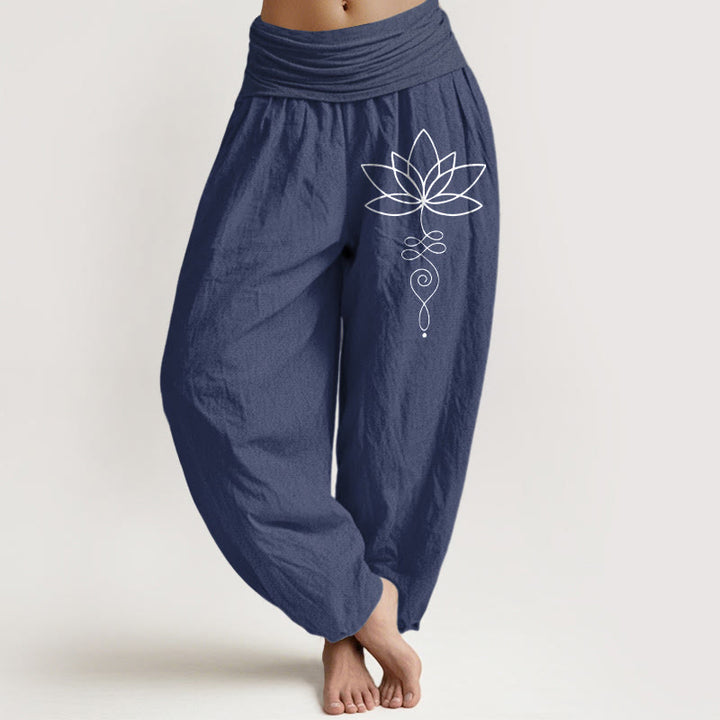 Buddha Stones Lotus Unalome Symbol Pattern Women's Elastic Waist Harem Pure Cotton Pants - DarkSlateBlue - US22，UK/AU26，EU54 (6XL) - image 8