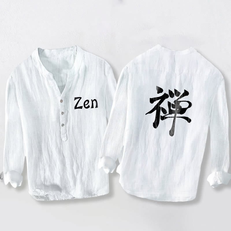Buddha Stones Zen Character Half Buttons Design Long Sleeve Men's Cotton Linen Shirt - White - US/UK/AU50，EU60 (5XL) - image 6