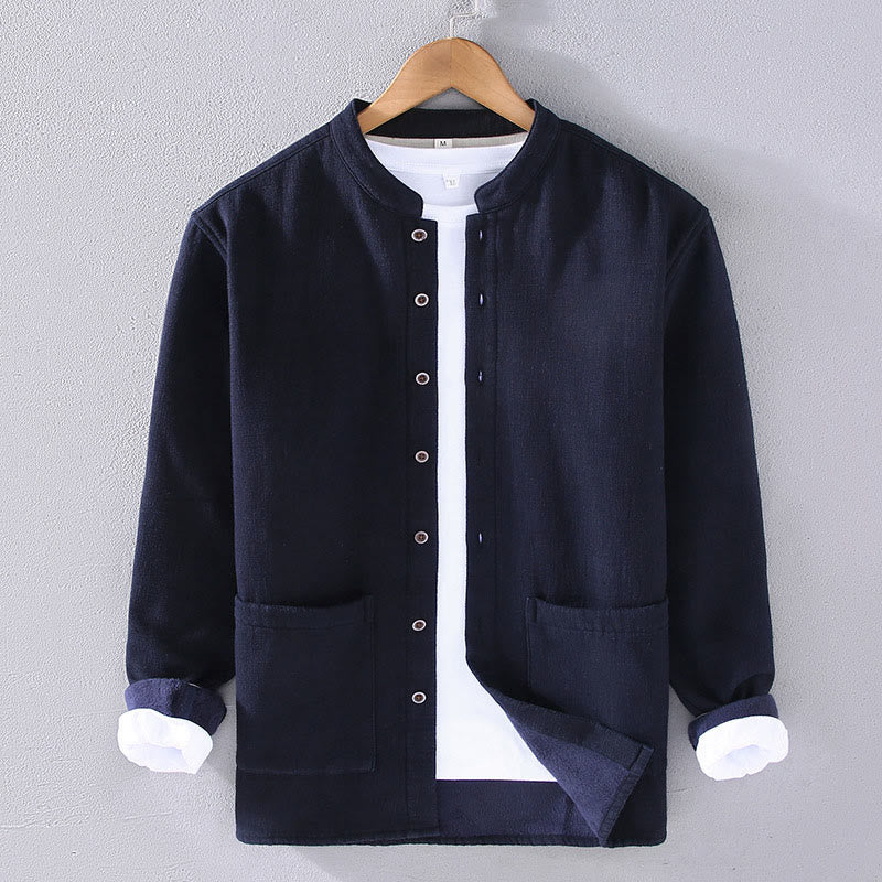 Buddha Stones Men's Stnad Collar Long Sleeve Thermal Fleece-lined Ramie Cotton Jacket With Pockets - MidnightBlue - US/UK/AU42，EU52 (3XL) - image 3