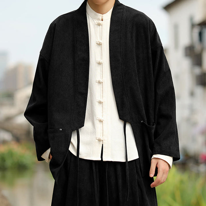 Buddha Stones Solid Color Open Front Long Sleeve Jacket Men's Cotton Corduroy Kimono With Pockets - image 17