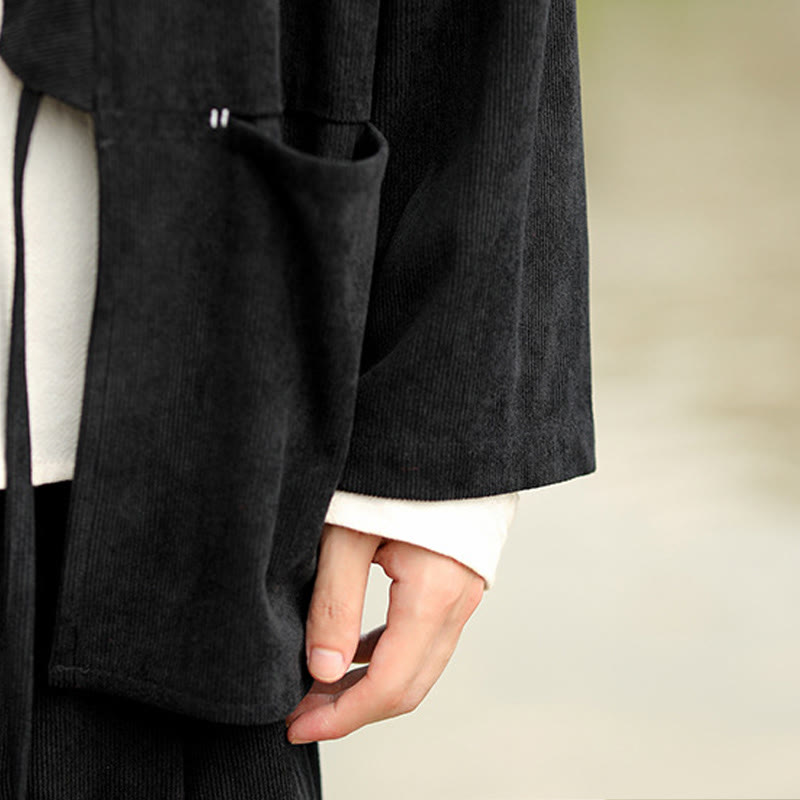 Buddha Stones Solid Color Open Front Long Sleeve Jacket Men's Cotton Corduroy Kimono With Pockets - image 22
