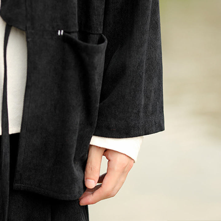 Buddha Stones Solid Color Open Front Long Sleeve Jacket Men's Cotton Corduroy Kimono With Pockets - image 22