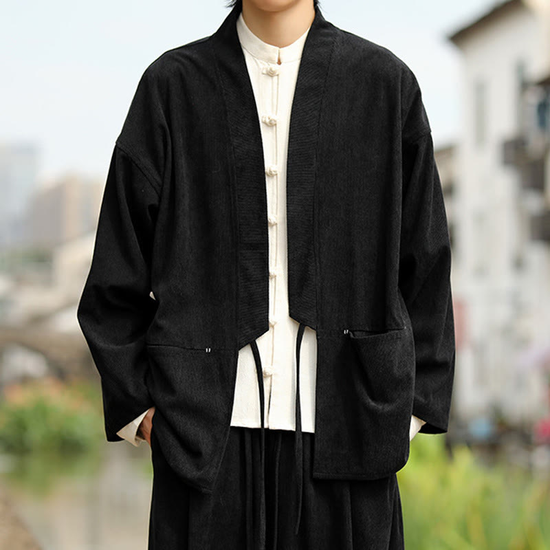 Buddha Stones Solid Color Open Front Long Sleeve Jacket Men's Cotton Corduroy Kimono With Pockets - Black - US/UK/AU46，EU56 (5XL) - image 13